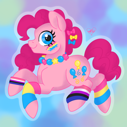 Size: 2048x2048 | Tagged: safe, artist:alithinksshecandraw, pinkie pie, earth pony, pony, g4, 2022, genderfluid pride flag, gradient background, looking at you, outline, pansexual pride flag, pride, pride flag, signature, smiling, smiling at you, solo