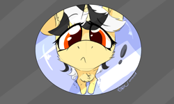 Size: 1250x750 | Tagged: safe, artist:行豹cheetahspeed, oc, oc only, oc:autumn trace, pony, unicorn, black and white mane, cute, exclamation point, eye clipping through hair, eyebrows, eyebrows visible through hair, female, fisheye lens, horn, light, looking at you, mare, orange eyes, peephole, yellow skin