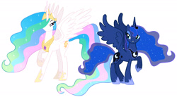 Size: 2751x1520 | Tagged: safe, artist:santafer, edit, princess celestia, princess luna, alicorn, pony, g4, collage, duo, duo female, ethereal mane, ethereal tail, female, hoof shoes, jewelry, lidded eyes, mare, raised hoof, regalia, royal sisters, siblings, simple background, sisters, spread wings, tail, white background, wings