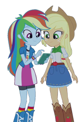 Size: 658x1008 | Tagged: safe, artist:abtoons, edit, edited screencap, screencap, applejack, rainbow dash, equestria girls, g4, my little pony equestria girls: rainbow rocks, perfect day for fun, arms, background removed, belt, boots, breasts, bust, button-up shirt, clothes, collar, cowboy hat, cropped, denim skirt, duo, female, fingers, freckles, hand, happy, hat, holding, iphone, legs, long hair, ponytail, rainbow socks, shirt, simple background, skirt, smartphone, smiling, socks, striped socks, t-shirt, teenager, transparent background