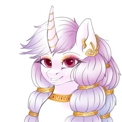 Size: 1280x1280 | Tagged: safe, artist:sheru, oc, oc only, pony, unicorn, female, gold, horn, looking at you, mare, simple background, sketch, smiling, solo, trade, white background