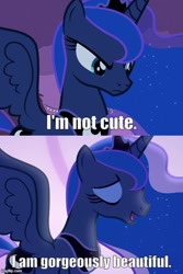 Size: 500x750 | Tagged: safe, edit, edited screencap, screencap, princess luna, alicorn, pony, g4, luna eclipsed, season 2, season 6, to where and back again, beautiful, caption, correction, eyes closed, i'm not cute, image macro, imgflip, jewelry, regalia, spread wings, subversion, subverted meme, text, truth, tsundere, tsunderuna, wings