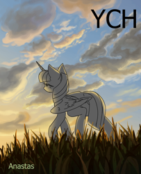 Size: 3000x3700 | Tagged: safe, artist:anastas, alicorn, pegasus, pony, unicorn, cloud, cloudy, commission, detailed background, female, folded wings, from below, grass, grass field, horn, raised hoof, sketch, solo, sunset, walking, wings, your character here
