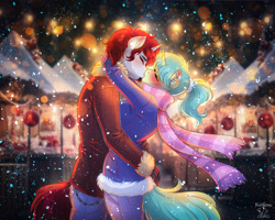 Size: 2500x2000 | Tagged: oc name needed, safe, artist:stormlioness, oc, oc only, unicorn, anthro, breasts, christmas, clothes, ear fluff, ear piercing, earring, eyes closed, female, holiday, horn, hug, jewelry, kissing, oc x oc, piercing, scarf, shipping, snow, snowfall, striped scarf, unicorn oc