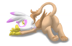 Size: 1280x823 | Tagged: safe, artist:pzkratzer, gilda, griffon, g4, butt, featureless crotch, lying down, paws, plot, simple background, solo, white background