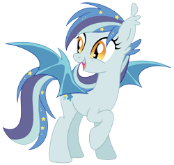 Size: 2000x1885 | Tagged: safe, artist:owlity, editor:ciaran, oc, oc only, oc:star struck, bat pony, pony, 2024 community collab, derpibooru community collaboration, g4, ear fluff, eeee, fangs, female, happy, open mouth, open smile, simple background, smiling, solo, transparent background