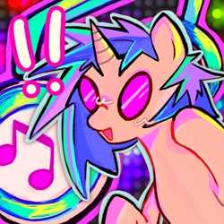 Size: 2048x2048 | Tagged: safe, artist:zoqiie, dj pon-3, vinyl scratch, pony, unicorn, g4, abstract background, blush scribble, blushing, bust, exclamation point, female, glasses, headphones, high res, horn, mare, open mouth, open smile, outline, raised hoof, smiling, solo, vinyl's glasses