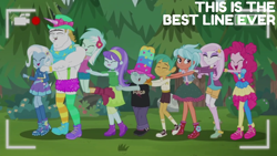 Size: 1280x720 | Tagged: safe, edit, edited screencap, screencap, aqua blossom, bulk biceps, fleur-de-lis, frosty orange, pinkie pie, snails, snips, trixie, equestria girls, five lines you need to stand in, g4, my little pony equestria girls: better together, conga, conga line, female, male, recording, selfie drone