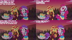 Size: 2000x1125 | Tagged: safe, edit, edited screencap, editor:quoterific, screencap, pinkie pie, sunset shimmer, equestria girls, equestria girls specials, g4, my little pony equestria girls: better together, my little pony equestria girls: sunset's backstage pass, bicycle, bike helmet, churros, food, helmet
