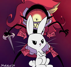 Size: 1292x1203 | Tagged: safe, artist:strebiskunk, angel bunny, cyclops, demon, rabbit, undead, g4, spoiler:hazbin hotel, angelic weapon, animal, arrow, crossed arms, crossover, cyclops demon, dagger, duo, duo male and female, female, furrowed brow, gradient background, hazbin hotel, hellaverse, knife, literal minded, male, name pun, niffty, one eyed, sharp teeth, signature, sinner demon, spoilers for another series, teeth, text, the show must go on (hazbin hotel), this will end in death, weapon
