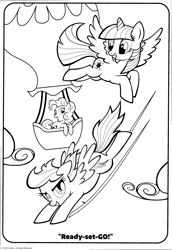Size: 2093x3035 | Tagged: safe, pinkie pie, rainbow dash, twilight sparkle, alicorn, earth pony, pegasus, pony, g4, official, black and white, cloud, coloring book, coloring page, female, flying, grayscale, grin, hot air balloon, mare, monochrome, motion lines, racing, sky, smiling, speed lines, spread wings, stock vector, trio, trio female, twilight sparkle (alicorn), wings