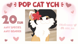 Size: 1920x1080 | Tagged: safe, artist:euspuche, oc, oc only, oc:liliya krasnyy, cat, cat pony, earth pony, original species, animated, commission, cute, flower, flower in hair, gif, looking at you, pop, pop cat, smiling, text, ych animation, ych example, ych result, your character here