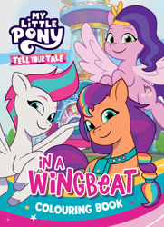 Size: 1447x2000 | Tagged: safe, pipp petals, sunny starscout, zipp storm, earth pony, pegasus, g5, my little pony: tell your tale, official, 2d, australian, book, coloring book, cover, crystal brighthouse, flying, logo, looking at you, merchandise, smiling, smiling at you