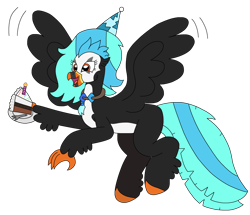 Size: 2706x2323 | Tagged: safe, artist:supahdonarudo, oc, oc only, oc:icebeak, classical hippogriff, hippogriff, birthday, birthday cake, cake, candle, flying, food, fork, hat, holding, jewelry, necklace, party hat, plate, simple background, transparent background