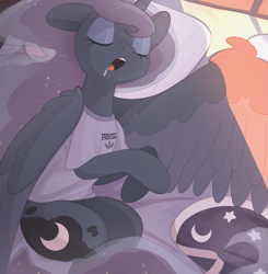 Size: 3377x3451 | Tagged: safe, artist:nookprint, princess luna, alicorn, pony, g4, bed, clothes, cute, drool, eyes closed, female, high res, horn, luna's shirt, lunabetes, majestic as fuck, mare, open mouth, shirt, sleeping, solo, t-shirt, wings