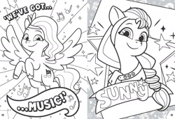 Size: 2000x1369 | Tagged: safe, pipp petals, sunny starscout, earth pony, pegasus, pony, g5, my little pony: tell your tale, official, 2d, coloring book, coloring page, female, flying, looking at you, mare, merchandise, page, sheet, smiling, smiling at you, standing, stars