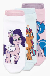 Size: 510x780 | Tagged: safe, izzy moonbow, pipp petals, sunny starscout, alicorn, pegasus, unicorn, g5, my little pony: tell your tale, official, 2d, clothes, horn, mane stripe sunny, merchandise, photo, race swap, socks, sunnycorn