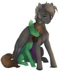 Size: 3570x4308 | Tagged: source needed, safe, artist:maxxacure, oc, oc only, oc:blissful clutz, oc:wheel lock, pegasus, pony, ashes town, concave belly, height difference, hug, simple background, slender, thin, transparent background, winghug, wings