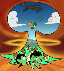 Size: 1031x1146 | Tagged: safe, artist:dhm, applejack, oc, oc:filly anon, pony, atomic bomb, b-52, b-52 stratofortress, boeing, bomb, bomber, commission, digital art, dr. strangelove, explosion, falling, female, filly, fireball, grass, horror, house, imminent death, jet, looking up, mountain, movie reference, mushroom cloud, nuclear weapon, plane, pointing, riding, scared, town, village, war, weapon, well, yeehaw