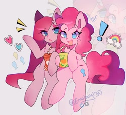 Size: 2195x2004 | Tagged: safe, artist:emoboy130, pinkie pie, earth pony, pony, g4, alternate cutie mark, blue eyes, chest fluff, curly mane, curly tail, duality, duo, duo female, exclamation point, eye clipping through hair, eyebrows, eyebrows visible through hair, eyelashes, female, gray background, heart, hoof hold, juice, juice box, looking at someone, mare, open mouth, open smile, pink coat, pink mane, pink tail, pinkamena diane pie, rainbow, raised hoof, self paradox, self ponidox, shiny hooves, signature, simple background, sitting, smiling, straight mane, straight tail, tail, watermark, wingding eyes, zoom layer