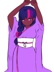 Size: 768x1024 | Tagged: safe, artist:icicle-niceicle-1517, artist:lunathekitsunegirl, artist:metaruscarlet, color edit, edit, twilight sparkle, human, g4, alternate hairstyle, belt, clothes, collaboration, colored, dark skin, ear piercing, earring, female, humanized, jewelry, kimono (clothing), nail polish, piercing, simple background, solo, transparent background