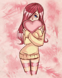 Size: 720x902 | Tagged: safe, artist:danger-chu, fluttershy, human, g4, abstract background, clothes, hair over one eye, heart, humanized, socks, striped socks, sweater