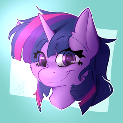 Size: 2000x2000 | Tagged: safe, artist:ermecg, twilight sparkle, pony, unicorn, g4, eye clipping through hair, eyebrows, eyebrows visible through hair, eyes open, female, gradient background, horn, looking at you, smiling, smiling at you, solo, unicorn twilight