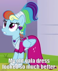 Size: 500x617 | Tagged: safe, edit, edited screencap, screencap, rainbow dash, g4, sparkle's seven, alternate hairstyle, caption, cropped, image macro, imgflip, megaradash, solo, text