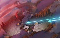 Size: 1600x1036 | Tagged: safe, artist:sunny way, oc, oc:enigma, alicorn, anthro, angry, art, artwork, city, commission, digital art, epic, female, finished commission, flying, guard, guardian, gun, handgun, horn, mare, outfit, pistol, shooting, solo, sunset, wings