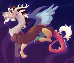 Size: 1280x1081 | Tagged: safe, artist:bishopony, discord, draconequus, g4, arm fluff, beard, blue eyes, blushing, colored eyebrows, colored sclera, facial hair, gradient background, in air, lineless, male, mismatched horns, neck fluff, patterned background, profile, signature, smiling, solo, spread wings, tail, tail fluff, torn ear, two toned hair, wingding eyes, wings, yellow sclera