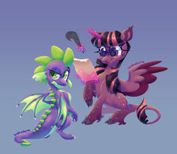 Size: 2601x2268 | Tagged: safe, alternate version, artist:bishopony, spike, twilight sparkle, alicorn, classical unicorn, dragon, pony, unicorn, g4, blush scribble, blushing, cloven hooves, duo, duo male and female, female, freckles, gradient background, high res, horn, leonine tail, levitation, looking back, magic, male, mare, parchment, quill, sitting, spread wings, tail, telekinesis, twilight sparkle (alicorn), unshorn fetlocks, winged spike, wings