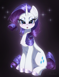 Size: 2700x3500 | Tagged: safe, artist:e-boi, rarity, pony, unicorn, g4, :o, chest fluff, ear fluff, eyeshadow, female, heart, heart eyes, high res, horn, lidded eyes, looking at you, makeup, mare, open mouth, signature, sitting, solo, sparkles, unshorn fetlocks, wingding eyes