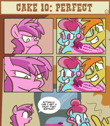 Size: 700x800 | Tagged: safe, artist:egophiliac, carrot cake, cup cake, ruby pinch, earth pony, pony, unicorn, slice of pony life, g4, cake, comic, dialogue, female, food, horn, male, mare, older, older ruby pinch, speech bubble, stallion, the cakes