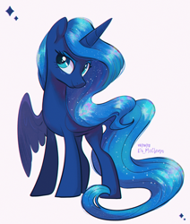 Size: 2549x3000 | Tagged: safe, artist:askometa, princess luna, alicorn, pony, g4, alternate design, blue coat, blushing, eyebrows, eyelashes, eyeshadow, female, full body, horn, long tail, makeup, mare, missing accessory, simple background, smiling, solo, sparkles, standing, tail, three quarter view, turquoise eyes, wavy mane, wavy tail, white background, wings