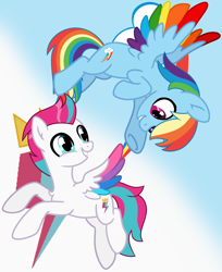 Size: 1980x2428 | Tagged: safe, artist:princessyanderequinn, rainbow dash, zipp storm, pegasus, pony, g4, g5, adorazipp, cute, dashabetes, duo, duo female, female, g5 to g4, generation leap, mare, sky, zipp and her heroine