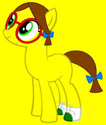 Size: 832x982 | Tagged: safe, artist:monkfishyadopts, artist:spitfirethepegasusfan39, earth pony, pony, g4, adult blank flank, base used, blank flank, busy, clothes, female, glasses, little miss, little miss busy, mare, mr. men, mr. men little miss, pigtails, ponified, shoes, simple background, smiling, sneakers, solo, yellow background