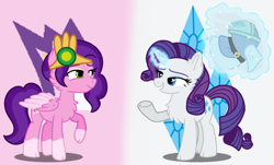 Size: 1452x878 | Tagged: safe, artist:princessyanderequinn, pipp petals, rarity, pegasus, pony, unicorn, g4, g5, coat markings, cutie mark, cutie mark background, duo, duo female, element of confidence, element of generosity, female, g5 to g4, generation leap, horn, mare, pipp and her heroine, socks (coat markings)