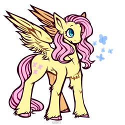 Size: 2000x2000 | Tagged: safe, artist:finnspaace, fluttershy, butterfly, pegasus, pony, g4, big ears, blue eyes, chest fluff, cloven hooves, colored hooves, concave belly, ear fluff, eyelashes, female, leg fluff, long mane, long tail, mare, pink mane, pink tail, signature, simple background, slender, solo, spread wings, standing, tail, thin, unshorn fetlocks, wavy mane, wavy tail, white background, wing fluff, wingding eyes, wings