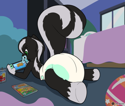 Size: 3689x3137 | Tagged: safe, artist:thesheepl, oc, oc only, oc:zenawa skunkpony, earth pony, hybrid, skunk, skunk pony, animal crossing, animal crossing: new horizons, bed, bedroom, claws, colt, diaper, diaper butt, diaper fetish, earth pony oc, fetish, foal, frog (hoof), gaming, hybrid oc, impossibly large diaper, juice, lying down, male, nintendo, nintendo switch, non-baby in diaper, pacifier, paws, poofy diaper, prone, raised tail, rear view, smiling, solo, sploot, tail, underhoof, video game