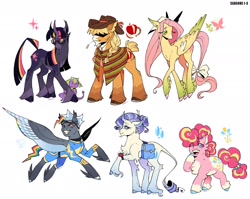 Size: 2048x1627 | Tagged: safe, artist:finnspaace, applejack, fluttershy, pinkie pie, rainbow dash, rarity, spike, twilight sparkle, dragon, earth pony, pegasus, pony, unicorn, g4, alternate color palette, alternate cutie mark, alternate design, alternate eye color, alternate mane color, alternate tailstyle, applejack's hat, applejacked, baby, baby spike, bag, beard, beauty mark, blaze (coat marking), blonde mane, blonde tail, blue coat, blushing, body freckles, bow, braid, braided pigtails, cape, chest fluff, clothes, cloven hooves, coat markings, colored belly, colored eartips, colored eyebrows, colored horn, colored muzzle, colored pinnae, colored wings, colored wingtips, concave belly, cowboy hat, curly mane, curly tail, curved horn, dappled, ear fluff, ear piercing, ear tufts, earring, eye clipping through hair, eyebrows, eyebrows visible through hair, eyes closed, facial hair, facial markings, female, flying, freckles, glasses, goggles, goggles on head, gradient horn, gradient legs, gradient wings, green eyes, group, hair bun, hairpin, hat, hat over eyes, height difference, holding, horn, horseshoes, jewelry, leg freckles, leonine tail, lidded eyes, long legs, long mane, long tail, male, mane six, mare, mealy mouth (coat marking), mouth hold, multicolored eyes, multicolored hair, multicolored mane, multicolored tail, multicolored wings, muscles, no mouth, one eye closed, open mouth, open smile, orange coat, pale belly, piercing, pigtails, pincushion, pink coat, pink eyes, pink mane, pink tail, profile, purple coat, purple mane, purple tail, quill pen, rainbow hair, rainbow tail, raised hoof, redesign, saddle bag, scroll, short, short tail, signature, simple background, slender, smiling, socks (coat markings), sparkly mane, sparkly tail, spread wings, star (coat marking), straw in mouth, tail, tail bow, tallershy, thin, tied hair, tied tail, torn ear, two toned mane, two toned tail, unicorn twilight, uniform, unshorn fetlocks, wall of tags, wavy mane, wavy tail, white background, white coat, wing fluff, wing freckles, wingding eyes, winged spike, wings, wonderbolts uniform, yellow coat, younger