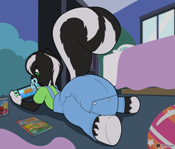 Size: 3689x3137 | Tagged: safe, oc, oc only, oc:zenawa skunkpony, earth pony, hybrid, skunk, skunk pony, animal crossing, animal crossing: new horizons, bed, bedroom, claws, clothes, colt, diaper, diaper butt, diaper fetish, diaper under clothes, earth pony oc, fetish, foal, frog (hoof), gaming, hybrid oc, impossibly large diaper, juice, lying down, male, nintendo, nintendo switch, non-baby in diaper, overalls, pacifier, paws, poofy diaper, prone, raised tail, shirt, smiling, solo, sploot, tail