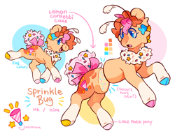 Size: 2048x1571 | Tagged: safe, artist:cocopudu, oc, oc only, oc:sprinkle bug, bug pony, cake pony, food pony, insect, moth, mothpony, original species, pony, antennae, blaze (coat marking), bow, candy gore, chest fluff, cloven hooves, coat markings, colored hooves, colored pupils, ear fluff, facial markings, gore, half, hooves, leg fluff, looking back, male, modular, multicolored hooves, multicolored mane, name, open mouth, open smile, palindrome get, party horn, profile, reference sheet, signature, simple background, smiling, socks (coat markings), solo, stallion, tail, tail bow, text, white background, white tail, wingding eyes