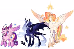 Size: 2048x1349 | Tagged: safe, artist:finnspaace, princess cadance, princess celestia, princess luna, alicorn, pony, g4, alternate color palette, alternate cutie mark, alternate design, alternate hair color, alternate hairstyle, alternate tailstyle, bat wings, big ears, blue coat, blue eyes, blue mane, blue tail, chest fluff, cloven hooves, coat markings, colored eartips, colored eyebrows, colored eyelashes, colored fetlocks, colored hooves, colored muzzle, colored pinnae, colored wings, colored wingtips, concave belly, curved horn, dock, dock fluff, ear fluff, ear tufts, ethereal mane, ethereal tail, eyes closed, female, fetlock tuft, four wings, gradient ears, gradient horn, gradient wings, hairpin, heart, heart eyes, height difference, horn, leg fluff, lidded eyes, long legs, long mane, long tail, magic, mare, multicolored mane, multicolored tail, multiple wings, pink coat, purple mane, purple tail, rainbow tail, raised hoof, redesign, royal sisters, shiny hooves, short, siblings, signature, simple background, sisters, slender, smiling, spread wings, standing, starry coat, starry legs, starry mane, starry tail, starry wings, tail, tall, thick eyelashes, thin, tied hair, trio, trio female, unshorn fetlocks, wall of tags, wavy mane, wavy tail, white background, white coat, white-haired luna, wing fluff, wingding eyes, wings