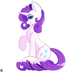 Size: 1600x1600 | Tagged: safe, artist:spittfireart, part of a set, rarity, pony, unicorn, g4, colored pupils, cute, eyebrows, eyeshadow, female, horn, lidded eyes, looking at you, makeup, mare, profile, raised hoof, raribetes, signature, simple background, sitting, smiling, smiling at you, solo, white background