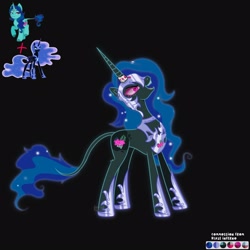 Size: 1600x1600 | Tagged: safe, artist:artsypaws, derpibooru exclusive, nightmare moon, oc, oc:tropical serenity, alicorn, pony, unicorn, g4, armor, commission, concave belly, design, evil, evil grin, female, glowing, grin, horn, jewelry, laughing, mane, mare, photo, regalia, sharp teeth, slender, smash up, smiling, tail, tall, teeth, thin
