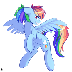 Size: 1600x1600 | Tagged: safe, artist:spittfireart, part of a set, rainbow dash, pegasus, pony, g4, alternate hairstyle, colored pupils, cute, dashabetes, female, floppy ears, grin, lidded eyes, looking at you, mare, ponytail, profile, rearing, signature, simple background, smiling, smiling at you, solo, spread wings, white background, wings