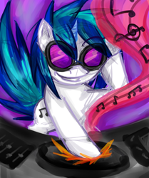 Size: 512x612 | Tagged: source needed, safe, artist:animeamphitere, dj pon-3, vinyl scratch, unicorn, g4, glasses, horn, music notes, record scrape, rule 63