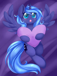 Size: 2250x3000 | Tagged: safe, artist:lustrous-dreams, artist:spittfireart, princess luna, alicorn, pony, g4, :o, cute, female, filly, filly luna, heart, heart pillow, high res, horn, hug, lunabetes, lying down, on back, open mouth, pillow, pillow hug, solo, spread wings, wings, woona, younger