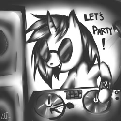 Size: 800x800 | Tagged: safe, artist:lysanderiris, dj pon-3, vinyl scratch, unicorn, g4, glasses, horn, monochrome, solo