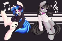 Size: 2000x1333 | Tagged: safe, artist:spittfireart, dj pon-3, octavia melody, vinyl scratch, earth pony, pony, unicorn, g4, blushing, bow, bowtie, clothes, cute, duo, duo female, female, headphones, hoodie, horn, looking at you, mare, music notes, shirt, smiling, smiling at you, tavibetes, underhoof, vinyl's glasses, vinylbetes